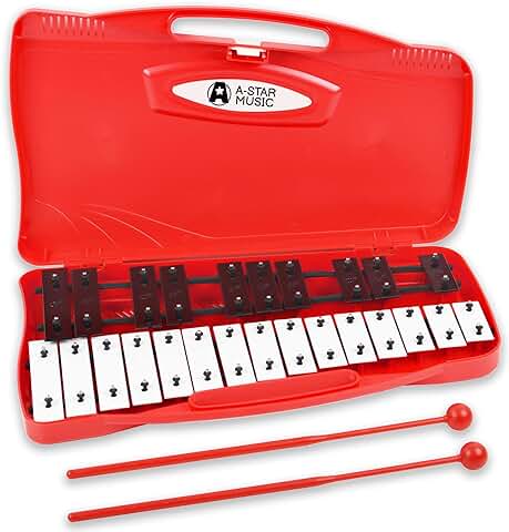 A-Star Xilófono Glockenspiel Cromático Soprano de 25 Notas en Estuche rojo con Teclas Negras/blancas y dos Batidores de Plástico - 2 Octavas G5 a G7  