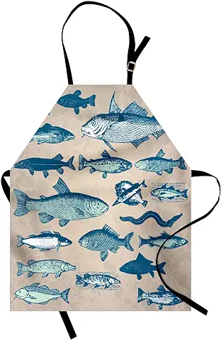 ABAKUHAUS Pez Delantal de Cocina, Estilo Vintage Colección de Diferentes Peces Animales Tema Mariscos Efecto Desgastado, Resistente al Agua y la Suciedad Estampa Digital, Multicolor  