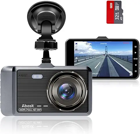 Abask Cámara de Coche 1080P, Dashcam con Tarjeta 32GB, 310° Gran Ángulo, G-Sensor, Grabación de Bucle, WDR, Monitor de Aparcamiento, Detección de Movimiento, Sistema de Asistencia a la Marcha Atrás  