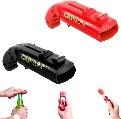 Abrebotellas Pistola 2 Piezas, Cap Gun Abrebotellas,Abridor de Botellas de Cerveza,Dispara más de 5 Metros,para Fiestas en Casa, Barbacoa al aire Libre, Juego Creativo, Regalo Divertido (rojo y Negro)  