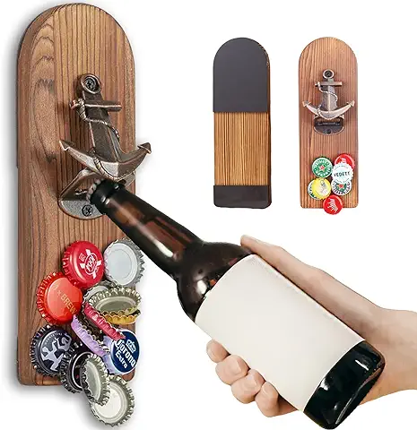 Abridor Cerveza Pared con Imanes Nevera, Abridor Magnético de Madera Retro, Abrebotellas Cerveza con Colector Tapa Botella, Regalos Originales Hombre para Papá, Esposo, Amigos y Colegas (Estilo 2)  