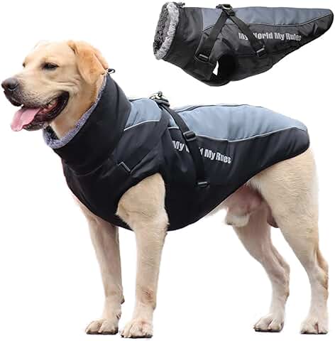 Abrigo para Perro Impermeable Chaqueta Abrigadora de Invierno Mediano Grande Chaleco para Perros Resistente al Viento Traje de Esquí Capa de Mascotas con Tiras Reflectantes Seguras & Arnés Ajustable  