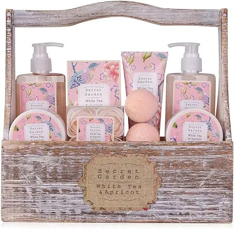 Accentra - set de Ducha para Mujer set de Regalo en una Cesta de Madera, set de Cuidado de 8 Piezas con gel de Ducha, Loción Corporal, Productos de Baño, Regalo para Cumpleaños, San Valentín y Navidad  