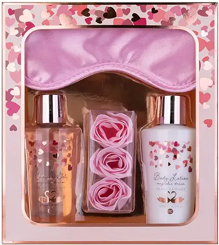 Accentra - set de Regalo para Mujer Heart Cascade - set de Belleza con Antifaz para Dormir, gel de Ducha, Loción Corporal y Confeti de Baño de Rosas - set de Bienestar para Mujeres y Niñas  