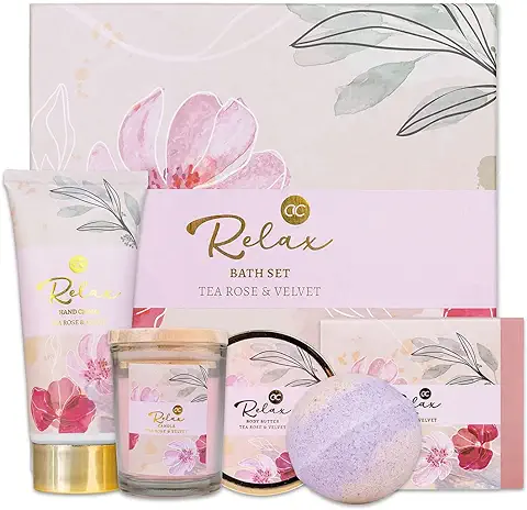 Accentra - Set de Regalo RELAX para Mujer de 5 Piezas - Set de Baño de Regalo con vela Perfumada, Jabón, Crema de Manos, Manteca Corporal y Bomba de Baño - Set de Bienestar para Mujeres y Niñas  