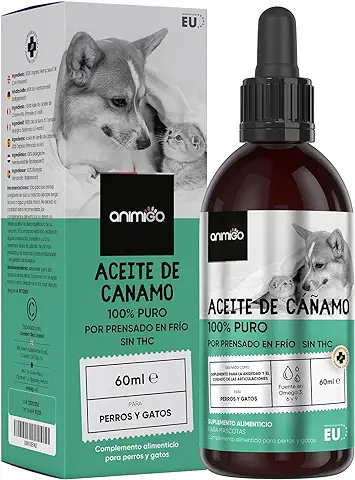 Aceite de Cáñamo Puro para Perros y Gatos 60ml Calmante y Fuente de Omega 3, 6 y 9 - Suplemento Anti Ansiedad, Mejora el Sueño y Cuida de Las Articulaciones, Piel y Pelo, Sin Sabor, Fácil de Usar  