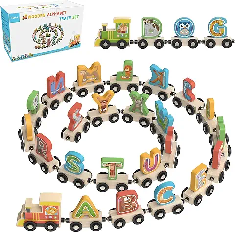 Achiyway 28 Pieces Tren Magnetico Juguete Madera, Juguetes Educativos para Niñas y Niños 1 2 3 4 Años, Juegos de Trenes con 2 Locomotoras y 26 Letras de Animales, Regalo para Niños de 1 a 4 Años  