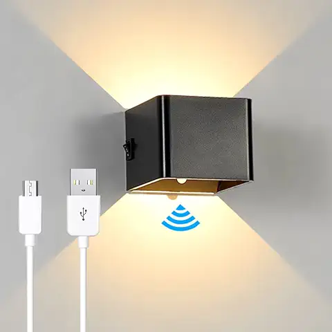 ACMHNC Aplique de Pared Interior con Sensor de Movimiento,5W USB recargable LED Lámpara de Pared sin cable con Interruptor, 2000mAh Batería, Blanco cálido Lámpara de pasillo magnética,negro