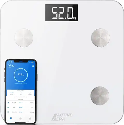 Active Era Bascula de Baño Bluetooth - Monitor de Composición Corporal 15 Medidas (Peso, Masa Muscular Edad Metabólica,Grasa Corporal, IMC) IPhone y Android - Blanco  