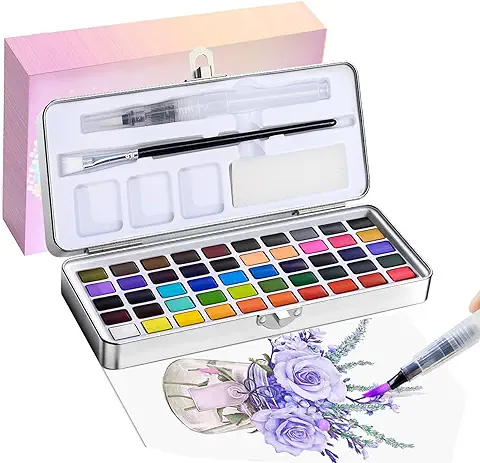 Acuarelas Profesionales, 50 Colores Intensos en Caja Portátil, Kit Acuarela de Viaje Ideal para Artistas, Principiantes y Aficionados a la Pintura  