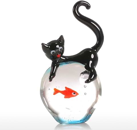 Adornos Tooarts de Vidrio con Forma de gato Peque&ntilde;o y Peces, Adorno de Cristal con Forma de Animales Soplados a mano para el Hogar., Cat and Goldfish Gift  