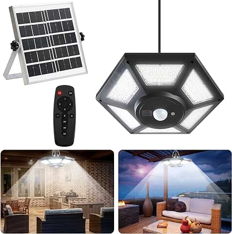 AGPTEK Luz Solar para Interior, Luces Solares Exteriores, Lámpara Colgante Solar con Mando 180 LED, Lámparas Solares con Sensor de Movimiento, Jardín Casa Garaje Granero Balcón  