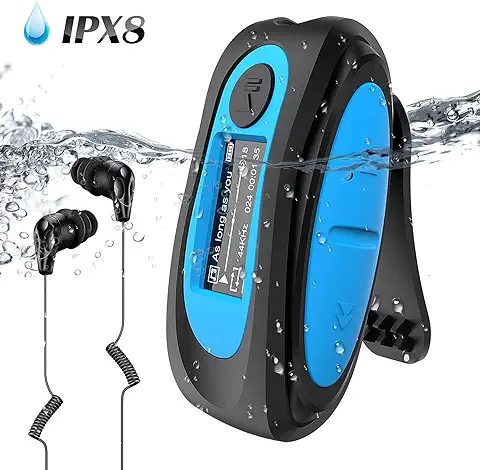 AGPTEK Mp3 Acuatico 8GB con Pantalla, S07 Clip Reproductor MP3 Waterproof IPX 8 Soporta Rdaio FM, Aleatorio Modo para Nadar, Correr, Azul  