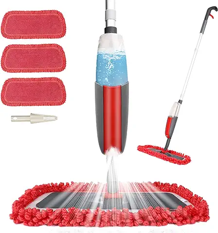 Aiglam Spray Mop, Mopa con Pulverizador Limpiador de Ventanas y Escoba Barredora de Empuje Manual con Almohadilla de Microfibra Reutilizable para Suelos Laminados, Alicatados y de Madera (Rojo)  