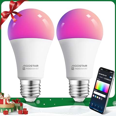 Aigostar Bombilla Inteligente E27 SL2 Bombillas Alexa LED 9W 806LM Bombilla Wifi RGB & 2700K-6500K Regulable, Sincronización con la música, Conexión rápida, Compatible Alexa y Google Home, 2 pack