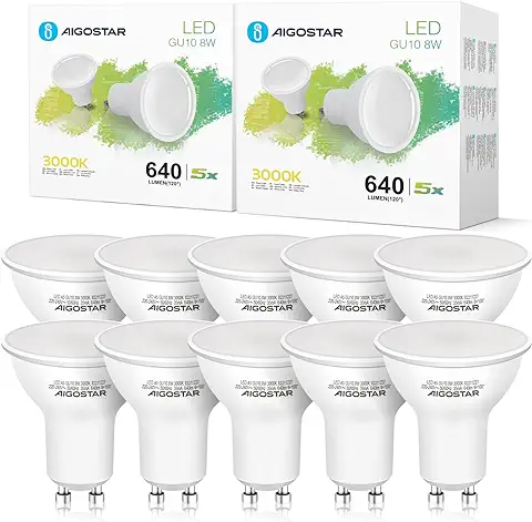 Aigostar - Bombilla LED 8W GU10， Luz Calida 3000K， 640lm， Esmerilada， no Regulable - 10 Unidades  