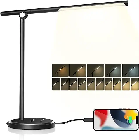 Aigostar Lámpara de Escritorio LED, 8W Flexo LED Escritorio con Puerto de Carga USB, Recargable,Regulable Lampara LED, Control Táctil, 10 Niveles Brillo 5 Modos, para Lectura, Negro(3000K-6000K)  