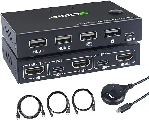 AIMOS KVM Conmutador USB HDMI Conmutador Soporte 4K@30Hz para 2 Ordenadores Compartir Teclado y Ratón, Sin Teclado, Soporta Función HUB, 2 Cables USB, 1 Cable HDMI  