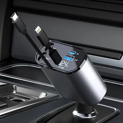 Aimtel Retráctil Cargador de Coche 60W,USB Carga Rapida Cargador Automóviles Coche Cargador Adaptador Mechero Coche Compatible con IPhone/Samsung/Google/Huawei/Tablet  