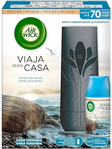 Air Wick Freshmatic 1 Aparato y 1 Recambio de Ambientador Spray Automático, Esencia con Aroma a Oasis Turquesa, Colección Viaja des de Casa - Negro  