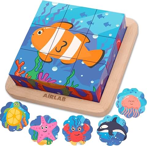 Airlab Grande 6 en 1 Puzzle de Cubos de Madera, Rompecabezas de Animales Océano, Juguetes Montessori Educativos para Bebes 1 2 3 4 5 6 Año, Juegos de Regalo de Cumpleaños para Niños  