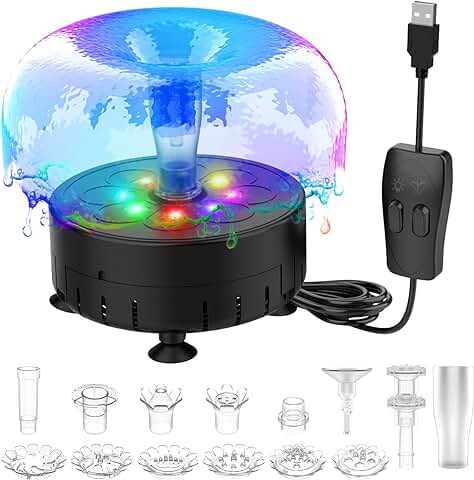 AISITIN 2,5W Fuente con LED de Colores USB Fuente Jardin Exterior con 4,8m de Cable, Bomba Fuente de Agua con Diferentes Boquillas Intercambiables para Estanque de Peces de Jardín, Negro  