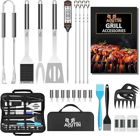 AISITIN Utensilios Barbacoa Accesorios Barbacoa 25 Piezas Kit Barbacoa Set Acero Inoxidable para Regalos Hombre Camping Barbacoa  