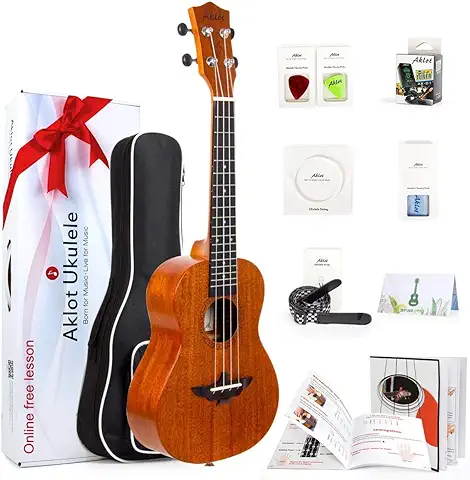 Aklot Concierto Ukelele de 23 Pulgadas Caoba Maciza Ukeleles Para Principiantes Profesionales Con Curso en Línea Gratuito y 8 Kit de Inicio  