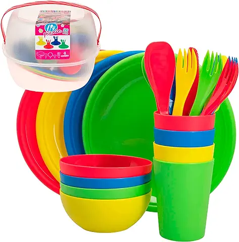 Aktive 16404 - Set Menaje Picnic Camping para 4 Personas Tartera Comida Trabajo con asa Menaje Camping Cubiertos, Platos, Tazas, Ensaladeras Vasos Plástico duro Reutilizable  