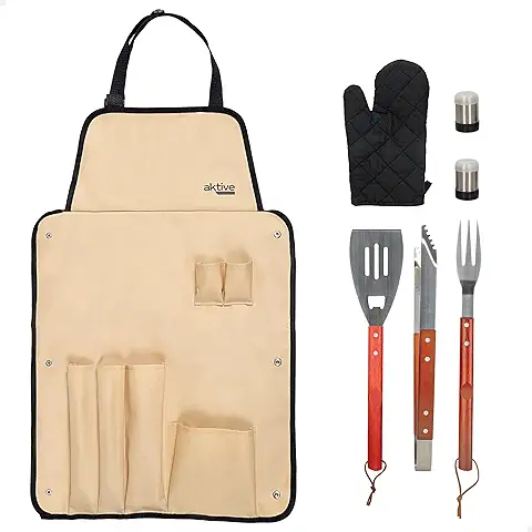 AKTIVE 63010 - Kit Accesorios para Barbacoa 7 Piezas, Pinzas para Barbacoa, Espátula, Tenedor Trinchador, Delantal, Guante y Saleros, Juego de Utensilios para Barbacoas, Herramientas para Parrilla  