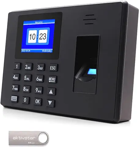 Aktivstar Control Horario Empleados, Reloj de Fichar con Pantalla LCD, Memoria USB de 8GB, Máquina de Asistencia Biométrica con Capacidad de 1000 Huellas, Sistema Española  