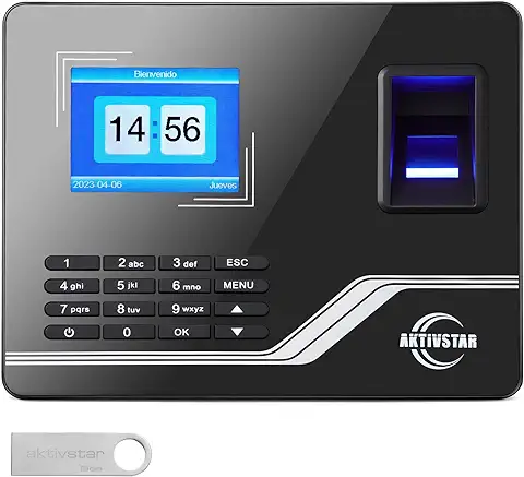 Aktivstar Control Horario Empleados, Reloj de Fichar con Pantalla, Memoria USB de 8GB, Máquina de Asistencia Biométrica con Capacidad de 1000 Huellas,Sistema Española,Sin Conexión Internet, Negro  