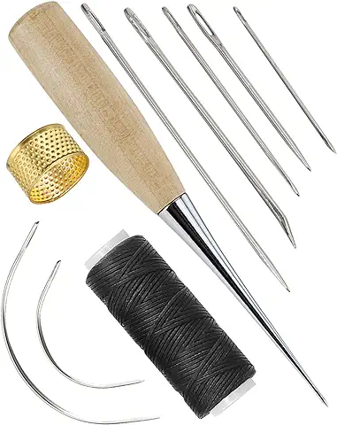 Akunsz Agujas de Coser Cuero 7PCS Kit de Costura de Cuero Agujas de Coser a Mano con Taladro Curvas con Punzón y Dedal para Reparar Cuero Manta Tapicería Lona Tela Gruesa etc.