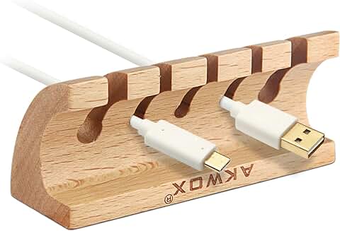 Akwox Organizador de Cables de Madera y Sistema de Gesti&oacute;n de Cables para Sostener Cargadores o el Cable del Rat&oacute;n  