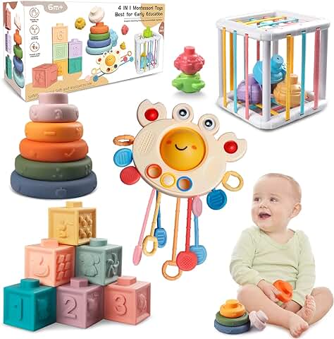 Aliex Juguetes Montessori 6 Meses - 3 Años, 4 in 1 Juguetes Sensoriales/Apilables/Cubos/Bloques | Regalos para Bebés