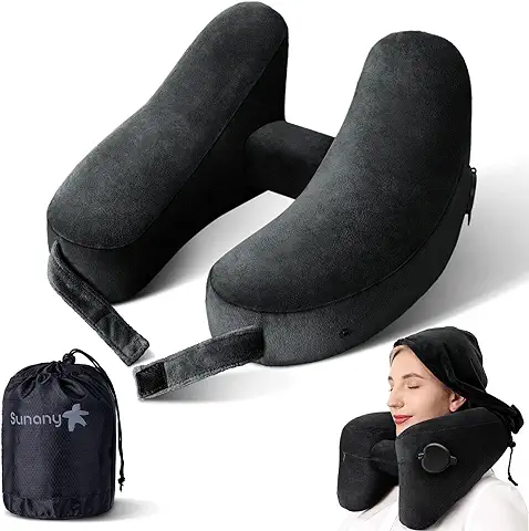 Almohada de Cuello, Almohada Hinchable Viaje para Avión, Almohada ViajeInflable con Cubierta Suave de Terciopelo, Sombrero, Bolsa con Cordón, Máscara de Ojos 3D y Tapones para los Oídos (Negro)  