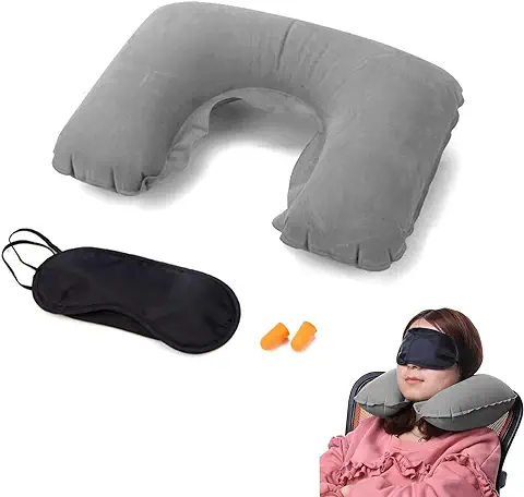 Almohada Inflable Viaje,Almohada Inflable Forma U,Almohada Inflable Cuello,con Tapones Oídos Tapa Ojos Cojín Inflable Cuello Viaje Accesorios para Oficina Automóvil Avión (Gris)  