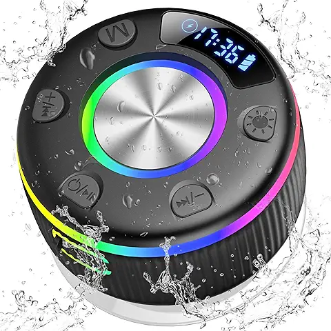 Altavoz Ducha, Altavoz Bluetooth 5.3 Ducha con Luces RGB, Altavoz Ducha Bluetooth con Ventosa, IP7 Impermeable Altavoz Portatil, 8 Horas Estéreo, Pantalla LED, Manos Call Libres Altavoces Bluetooth  