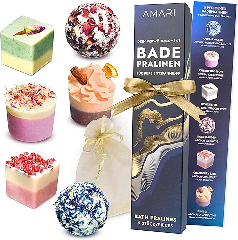 AMARI ® Set de Regalo de Bombones de Baño - 6 Bombones de Baño Veganos - Cesta Cosmetica Mujer Regalo - Bombas para bano - Set Belleza Mujer Regalo  