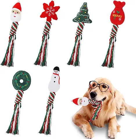 Amaxiu Juego de Juguetes para Masticar para Perros de Navidad, 6 Piezas de Juguetes de Cuerda para Perros de Navidad Juguete Chirriante para Cachorros Juguetes de Entrenamiento para Masticar (A)  