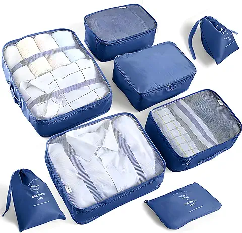 AMAYGA 8pcs Bolsas De Almacenamiento De Viaje a Prueba De Agua Ropa Embalaje Cubo Organizador De Equipaje Bolsa, Embalaje de Viaje Bolsas de Ropa Zapatos, Cosméticos Accesorios (Azul Oscuro)  