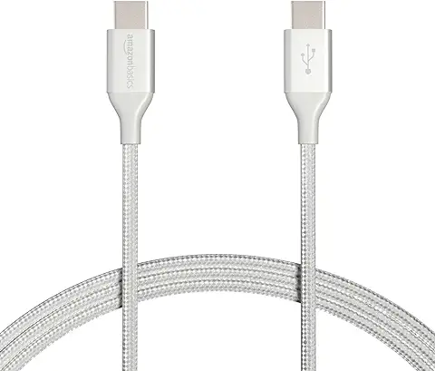 Amazon Basics - Cable Macho de USB 2.0 C a USB 2.0 C , de Nailon con Trenzado Doble | 1,8 m, Plateado  