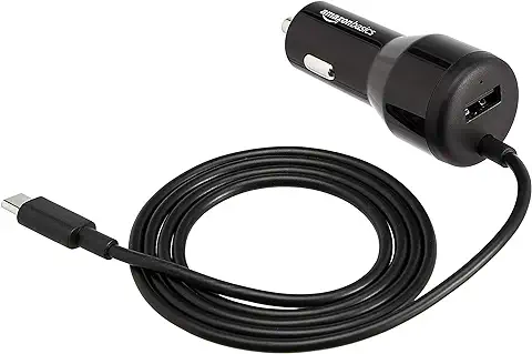 Amazon Basics Cargador USB-C 18W con Suministro de Energía y USB-A 12W para el Coche con Cable, Negro  