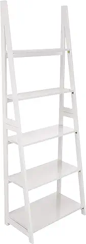 Amazon Basics Estantería Vertical, 5 Estantes, Moderna, Organizador de Libros, Marco Sólido de Madera de árbol de Caucho, Blanco, 35.6 D x 62.99 W x 178.05 H cm  