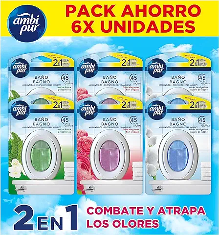 Ambipur Ambientador Casa para Baño (6 x 45 dias) Fragancia de Flores Elegantes, Hierba Fresca y Nubes de Algodon, Mega Pack