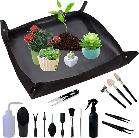 Ambolio Las Suculentas Herramienta,Estera De Jardinería Plegable,Juego de Herramientas de Jardinería Bonsai, para Jardinería de Bonsái en Miniatura de Hadas,16 Piezas. (Negro 75 * 75)  