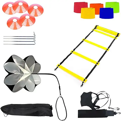 AMIGOB 7PCS Kit Entrenamiento Velocidad y Agilidad de Fútbol, Paracaídas de Resistencia, 6m Escalera de Agilidad,1 Football Bungee, 5 Conos, 5 Fútbol Capitán Brazalete, 4 Clavos Metálicos y Bolsa  