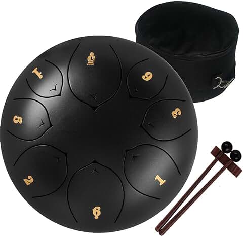 Amkoskr 8 Pulgadas 20cm Tambor de Lengua de Acero con 8 Notas Tonos C Percusión Instrumento Tambor de Mano para Niño con Mazos de Tambor/Bolsa de Transporte(Negro)  