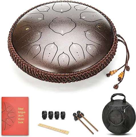 AMKOSKR Tambor de Lengua de Acero 14 Pulgadas 35cm 15Notas D Chiave,Instrumento de Percusión Tambor de Mano para Niño con Mazos y Bolsa de Transporte(Bronce)  