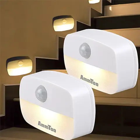 AmmToo Pasillo Luz de Noche, Nocturna LED con Sensor de Movimiento, 2 Unidades Blanco Cálido con Batería Sensor de Movimiento, Infantil para Dormitorio, Baño, Inodoro, Escaleras  